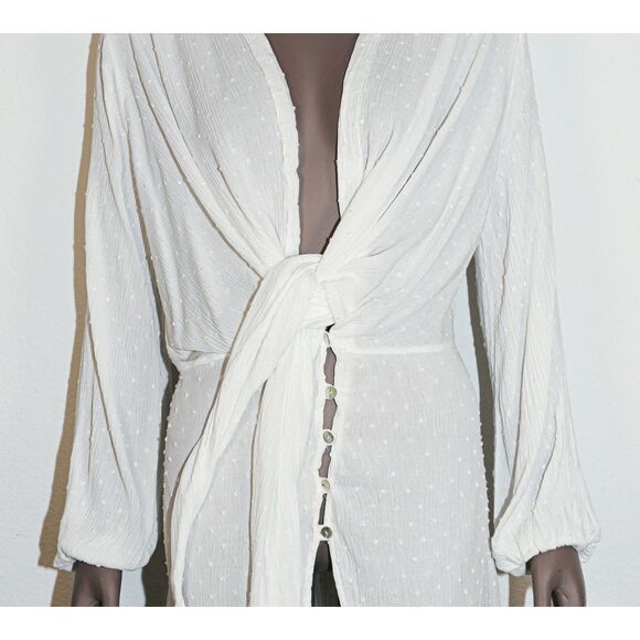 Boho White Front Tie Deep V Neck Long Sleeve Blouse Size Medium - Picture 2 of 3